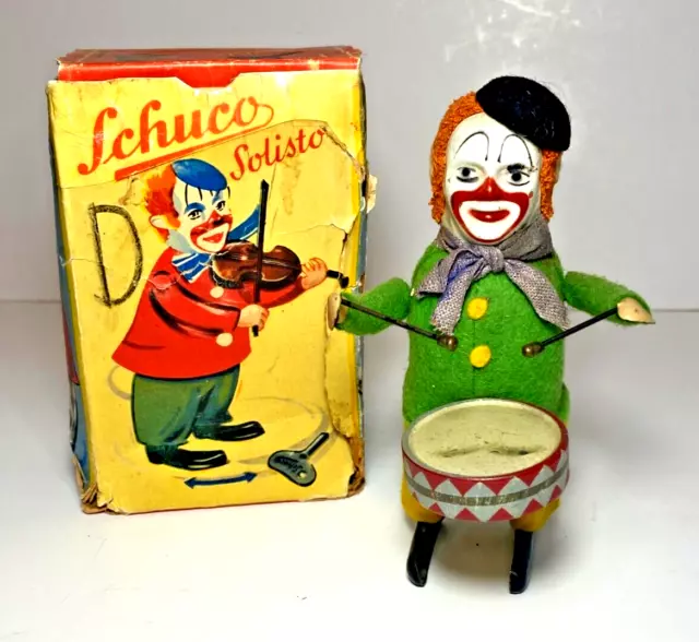 VINTAGE SCHUCO SOLISTO Clown Drummer Wind Up Toy Working W/ Box 195.