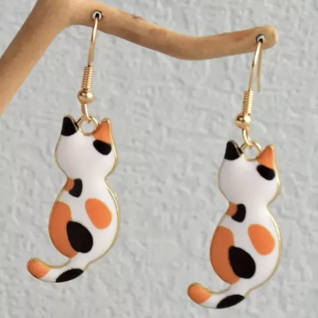 Enamel Calico Cat Earrings Dangle Orange White Black Lucky Boho Fashion Jewelry