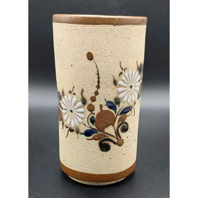 Tonala Sandstone Hand Painted Floral Mexican Vase Signed