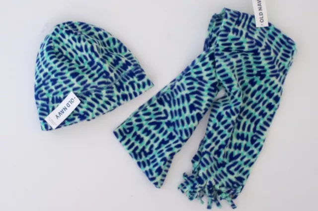 New Old Navy Girls Beanie Hat & Patterned Performance Fringed Scarf Blue Green S