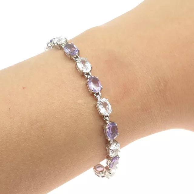 925 Sterling Silver Real Amethyst & White Topaz Tennis Link Bracelet 6.5"