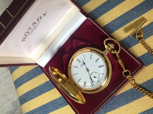 Rotary Mechanical Full Hunter Boxed Pocket Watch And Chain Working Order
