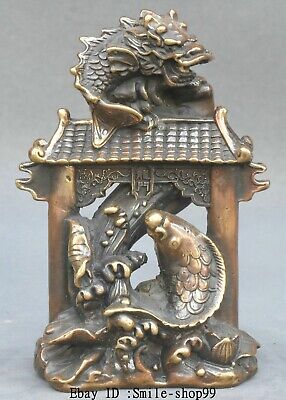 5.5" Old Chinese Pure Bronze Fengshui Goldfish Fish Jump Dragon Door Statue