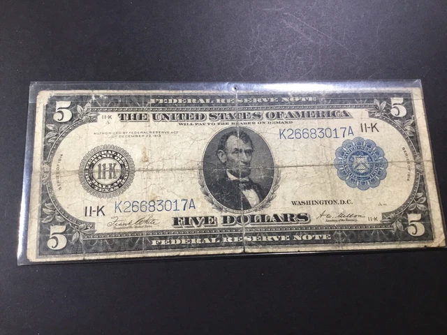 1914 US $5 Federal Reserve Blue Seal-Dallas, Texas-Large Note-3017-A