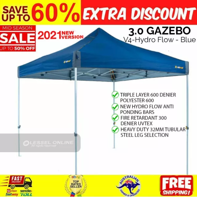 Deluxe 3.0 Gazebo V4 Hydro Flow Camping Hiking Outdoor Garden Shelter Shade Blue