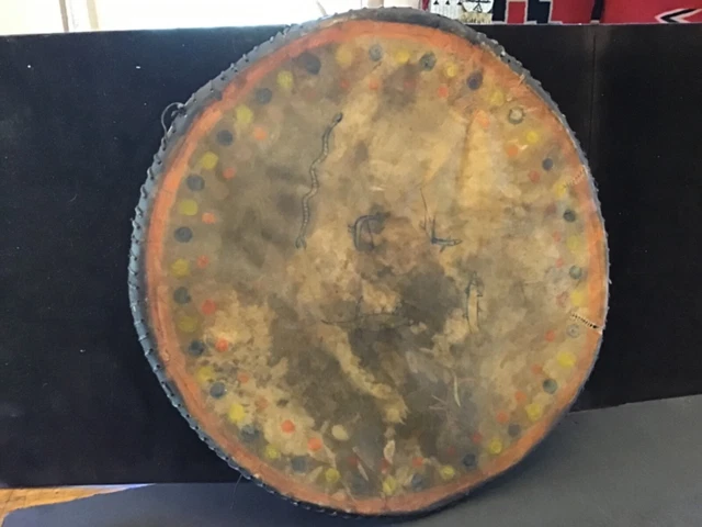Rare 1890s rawhide Native American Medicine shield ,fantastic design figures
