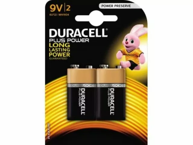 2x Duracell 9V Bloc Pile Alcaline 6LR61 Plus Puissance en Blister 2er Paquet