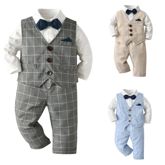 Toddler Baby Boy Gentleman Bowtie Suit Shirt+Vest+Pants Set Party Formal Outfits