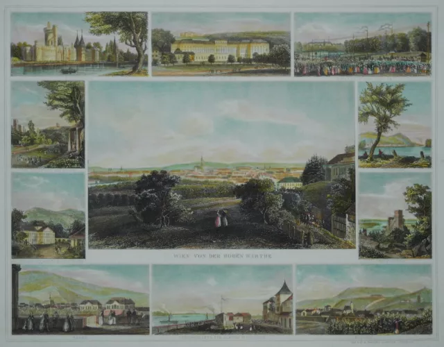 Wien von der Hohen Warthe - Seltenes Souvenirblatt mit 11 Ansichten - 1854