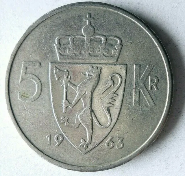 1963 NORWAY 5 KRONER - Excellent Coin - Scarce Date/Type - FREE SHIP - Bin #163