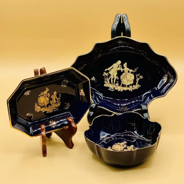 LIMOGES Blue Gold Courting Couple Trinket Vanity Dishes Set Of 3 Details Below 2