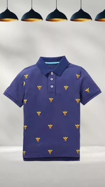 Ex Mini Boden Boy's Embroidered Pique Polo Shirt in Navy Blue Giraffes (Defect)