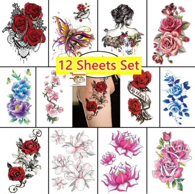 12 Sheetsset Temporary Tattoo Stickers Waterproof 3d Butterfly Flowers Body Art 795 Picclick 
