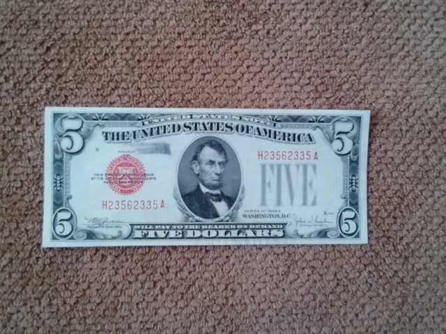 1928 Series E $5 Five Dollar Banknote, Crisp, Very Nice, Cu/Gemu, Red Seal