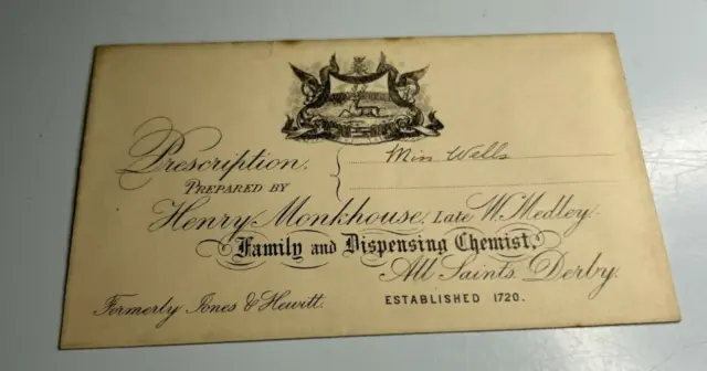 Antique Prescription Envelope  Henry Monkhouse Chemist Derby  to miss Wells