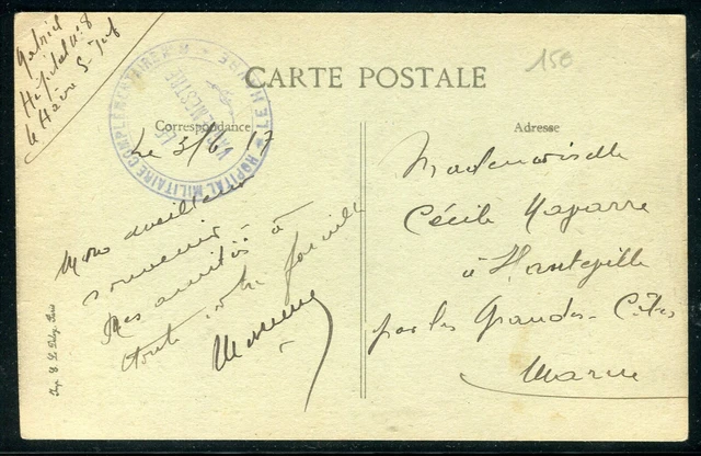 Cachet de Vaguemestre de l'Hôpital Complémentaire n°8 du Havre sur carte postale