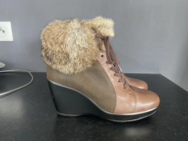 Boots bottines compensées fourrées cuir marron fourrure lapin Hogan 38 / 38,5