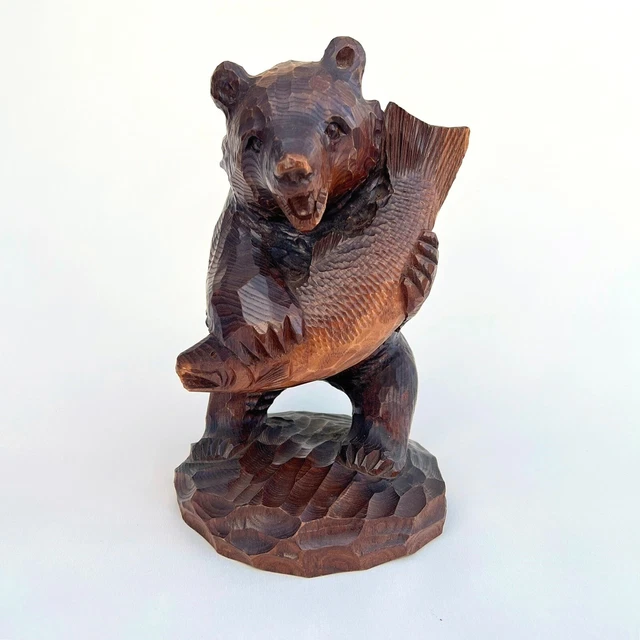 VINTAGE WOODEN CARVING Standing Brown Bear Salmon Statue Takezo