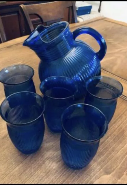 Hazel Atlas Depression Era Cobalt Blue Ribbed Tilted Juice Pitcher 6 Tumblers