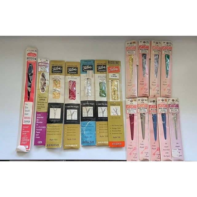 Vintage Zipper Lot Total of 16 Zippers J&P Coats Donahue C&C Talon Metal Nylon