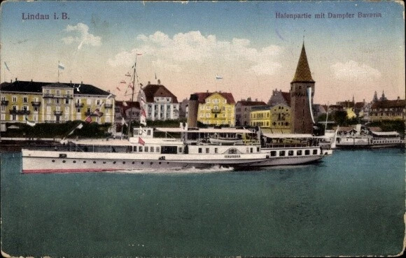 Ak Lindau am Bodensee Schwaben, Hafenpartie mit Dampfer Bavaria - 3063931