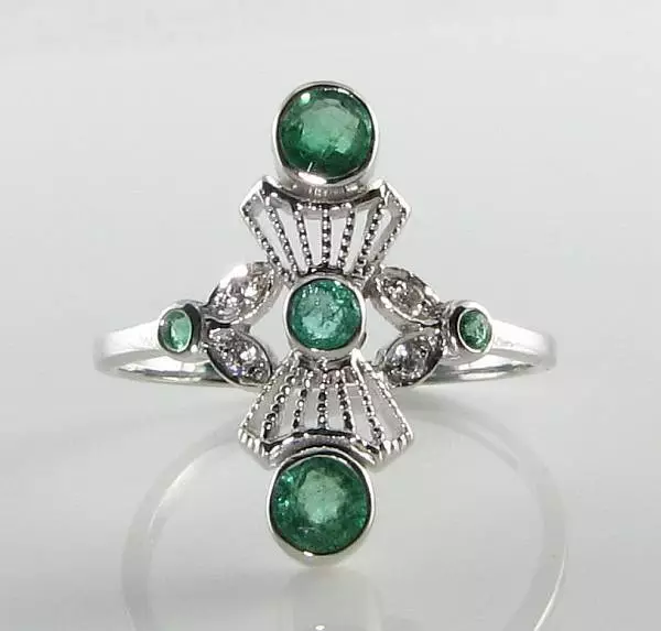 Divine 9Ct 9K White Gold Emerald Diamond Long Art Deco Ins Ring Free Size