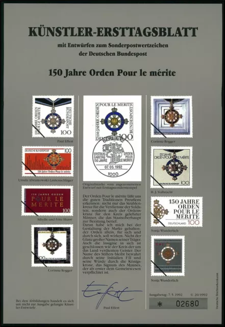 Brd Künstler-Etb 1992/20 1613 Orden Pour Le Merite Entwürfe!!