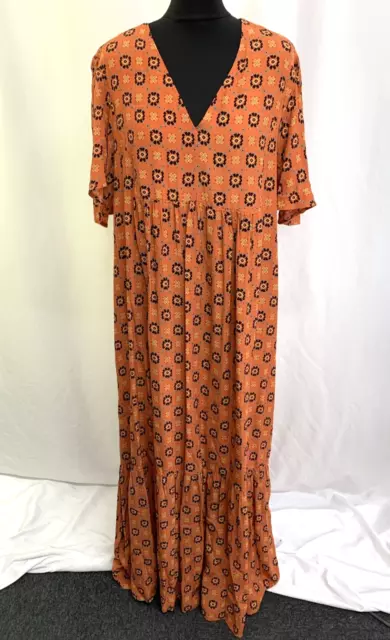Maxi Smock Dress V-Neck Tiered Orange African Print Short Sleeve UK18 C1949