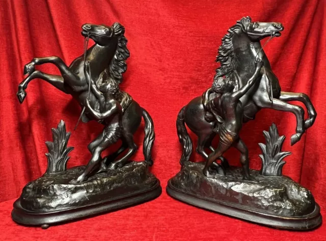 19th Century Pair Of Rearing Marley Horses With Grooms After Guillaume Costou