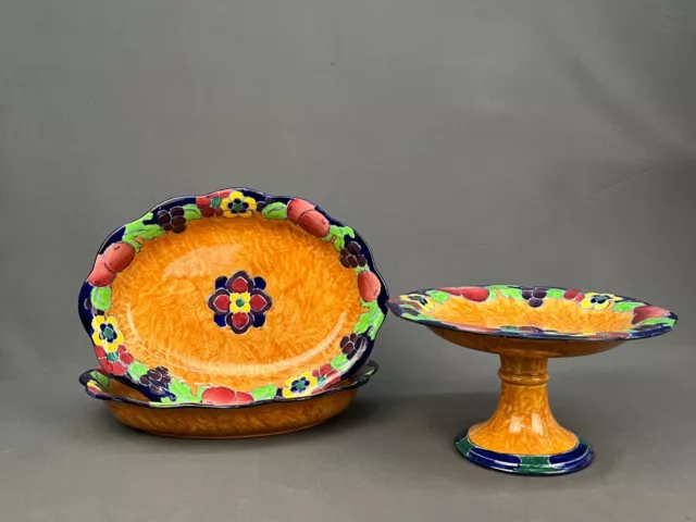 Art Deco Keeling Losol Ware SUNTRAE Footed Compote + 2 Oval Serving Bowls 1930s