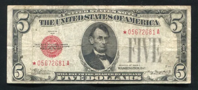 Fr.1528* 1928-C $5 Five Dollars *Star* Legal Tender United States Note Very Fine