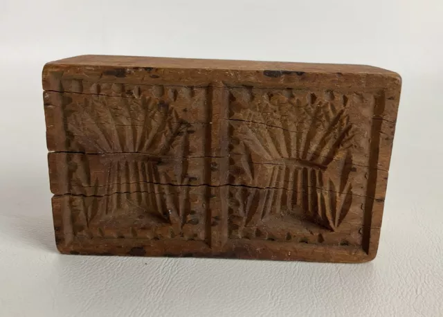 Antique double Butter Stamp Press Mold wheat Wooden Country Primitive Carved