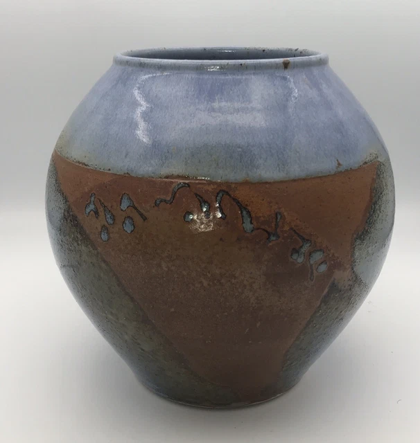 VASE forme BOULE Moderniste en GRÈS émaillé Bleu et Marron - 18 cm - signé