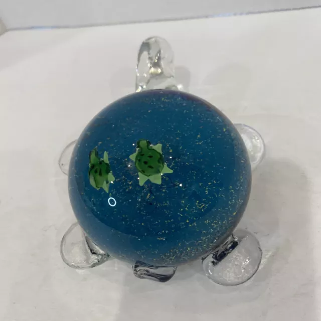 Hand Blown Art Glass Paperweight Blue Turquoise Sea Turtle with babies on back