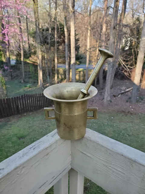 Antique Heavy Solid Brass Mortar And Pestle Large Pharmacy Apothecary Bowl Set