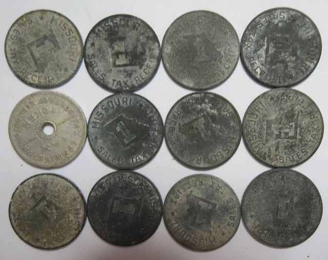 VINTAGE LOT OF 12 MISSOURI Sales Tax Receipt Token - corrosion - zinc metal