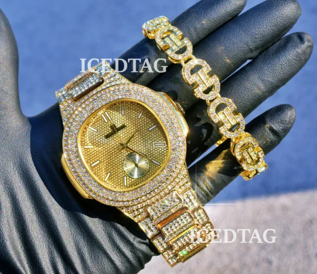 Hip Hop Heavy Iced Bling-Ed Out Gold Pt Luxury Watch, G-Link Rappers Bracelet