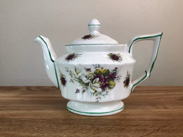 Arthur Wood Teapot Vermont Floral Purple White Flowers Green Trim Vintage 1950s