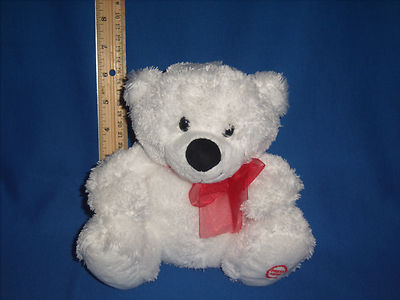 Hallmark Happy Sound Plush White Bear Red Bow Talks Kisses 6"