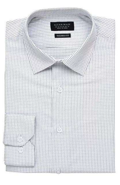 Slim / Tailored Fit Mens White Check Dress Shirt Wrinkle-Free Cotton By AZAR MAN