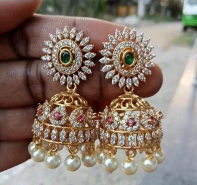 Bollywood Indian Designer Gold Plated FN CZ AD Jhumka Bridal Earring Jewelry Set