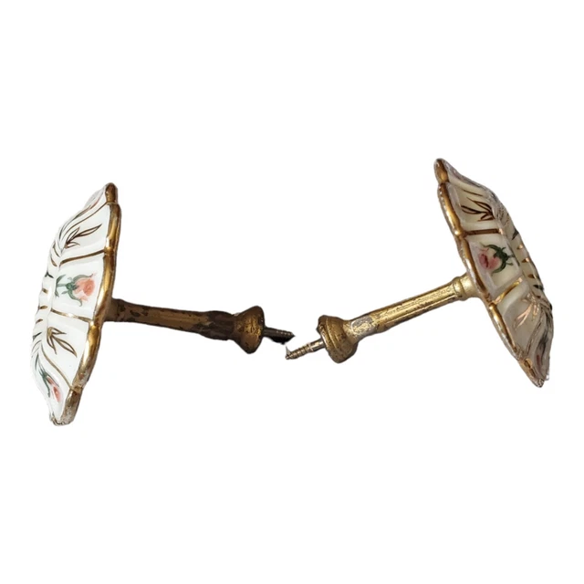 Antique 3" Handpainted Curtain/Drape Tie Back Holders Pink Rosebuds Gold Gilding 3