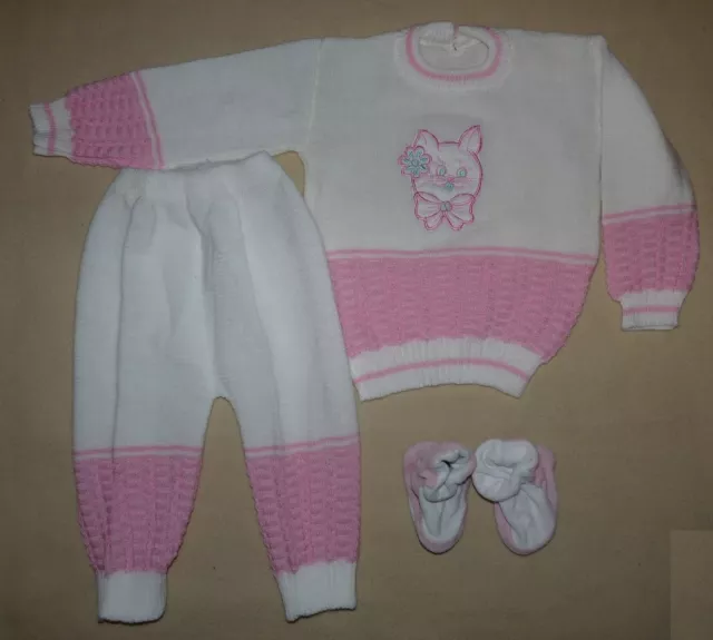 Ensemble tricoté pull+pantalon blanc et rose bébé fille 9-12 mois