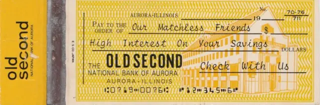 Vintage Matchbook Cover. The Old Second National Bank. Aurora, Il.