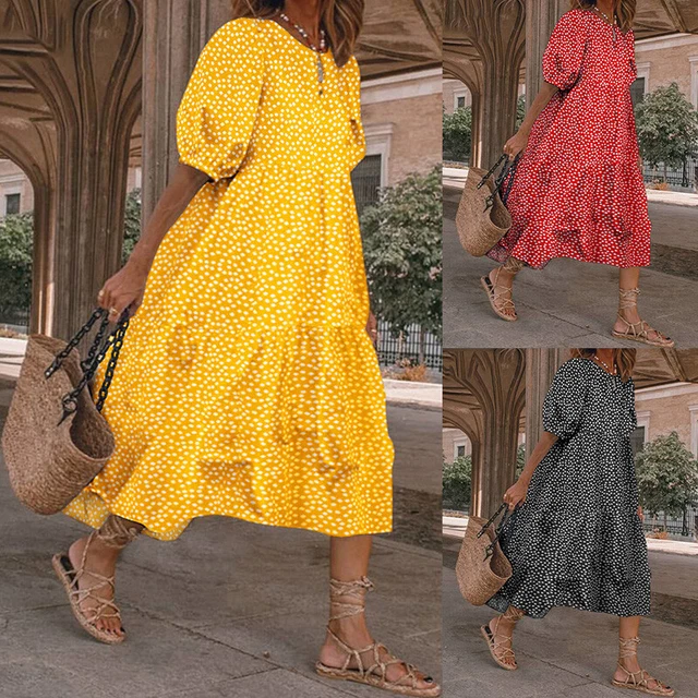 Ruffles Robe Plage Robe Midi Robe à Carreaux à Pois Été Femme @ *
