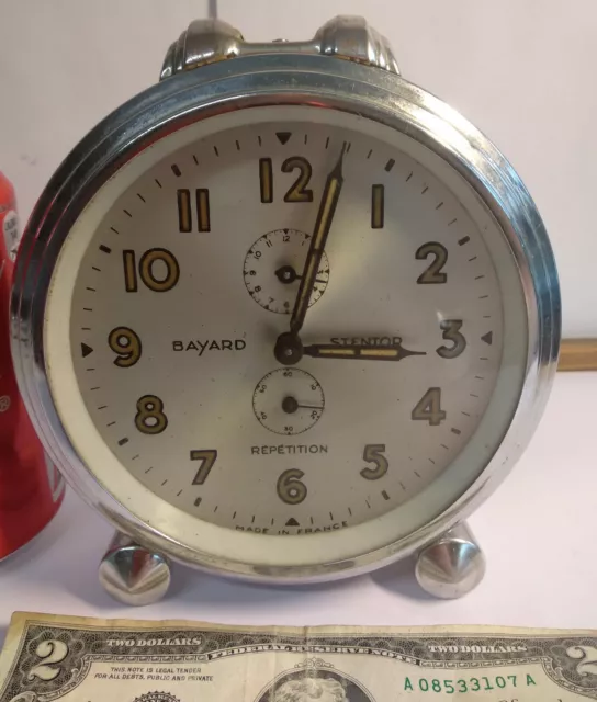 Vintage BAYARD STENTOR Repetition France Chrome Alarm Clock Art Deco Hermes Hood