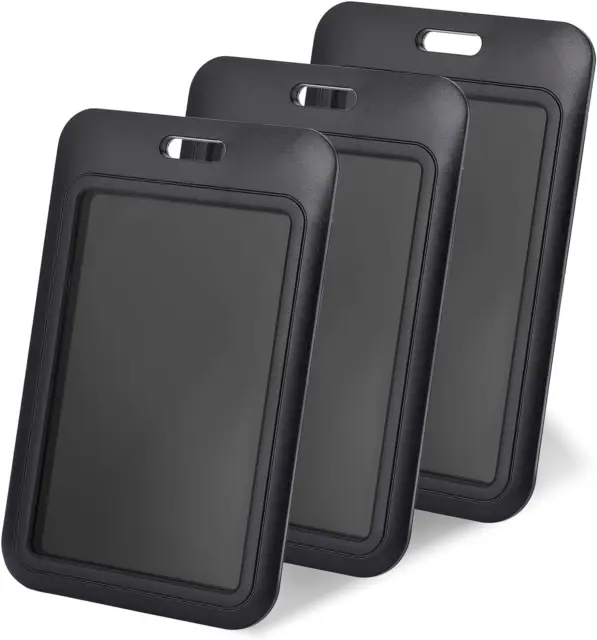 3 Pcs Sliding ID Badge Holder Hard Black Vertical Plastic Card Case Protector wi