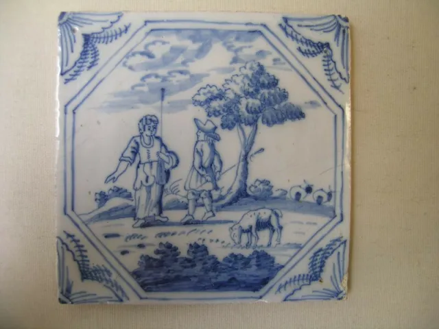 Antique 18th century Delft blue tile with sherpherds