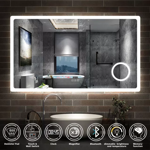 Illuminated Bathroom Mirror with Bluetooth&Magnifier, 3 LED Colors,Clock,Fogless