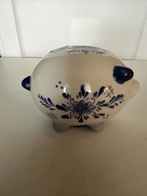 DELFT BLUE Ceramic Pig PIGGY BANK Hand Painted Holland Dutch Windmill & Flowers
